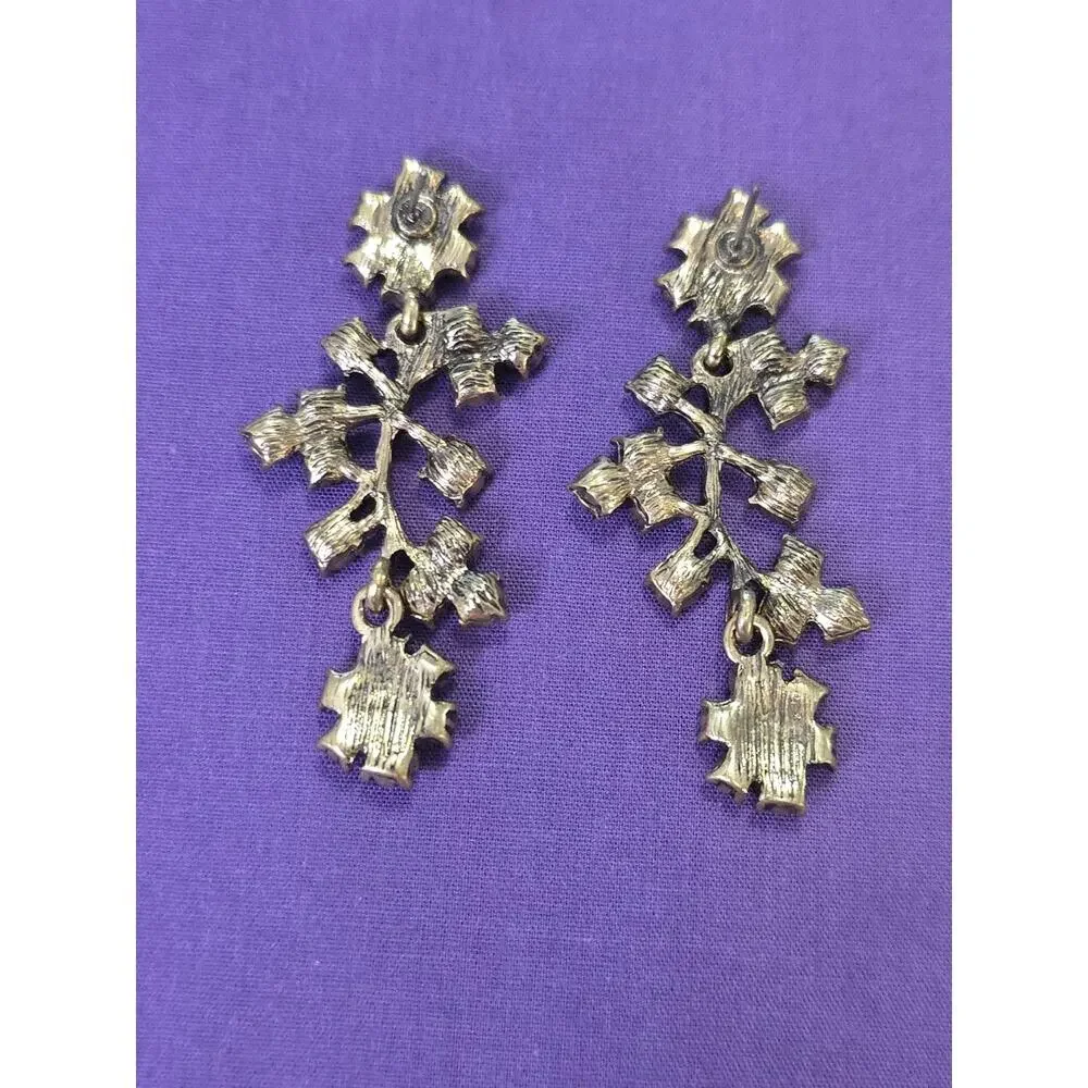 Green Rhinestone Crystal Flower Chandelier Dangle Earrings Antiqued Gold Tone
